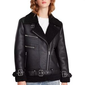 NWT Steve Madden Women's Black Faux Leather Sherpa Lined Moto Jacket